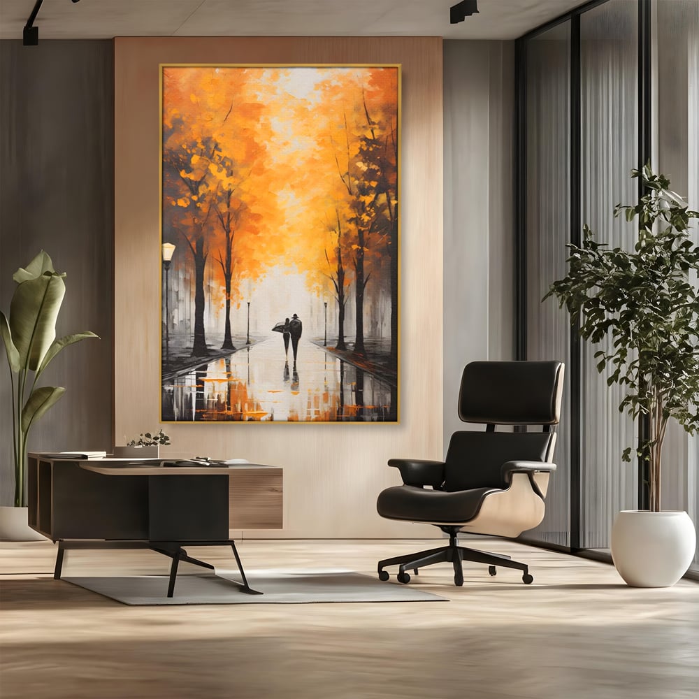 Tablou canvas cu tablou canvas cuplu sub umbrela, in rama de aluminiu auriu, pe perete intr-un birou